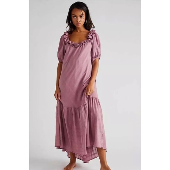 Free People Dresses & Skirts - Free People Kaylyn M Maxi‎ Dress Mauve Ruffle Neck Lace up Tie Back Tiered Boho